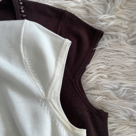 RQT brown beige white shirt sleeve v neck beaded bedazzled blouse top shirts M - Picture 6 of 16